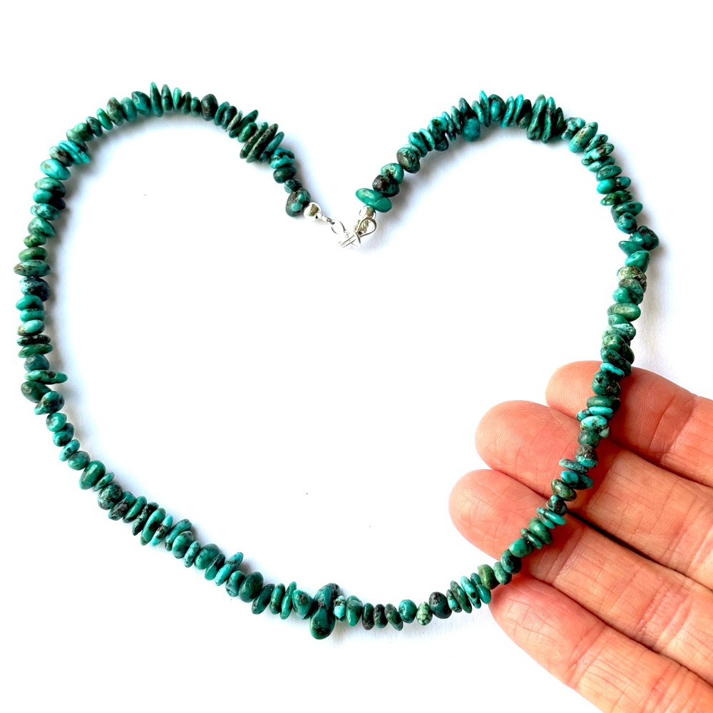 Navajo Turquoise Bead Necklace‎ 17" Natural Hand Strung Sterling Hook Native